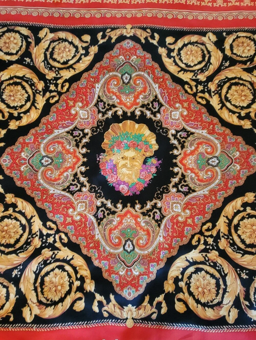 Vintage,Very Large HUALI,Red and Black Baroque-Style Scarf Accent